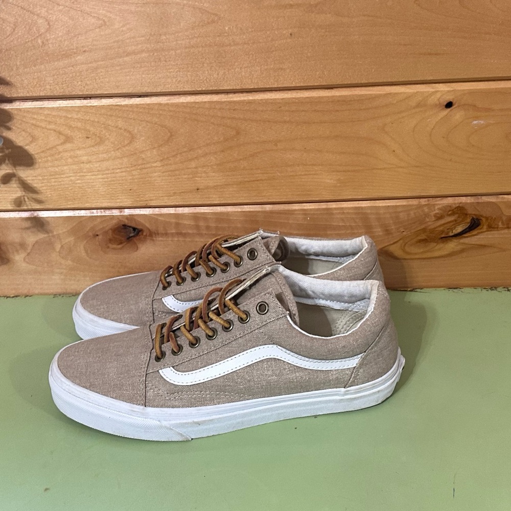 Old School Vans Women's Sz 10 Men’s Sz 8.5 Beige Canvas Leather Laced Sneakers - Picture 5 of 9